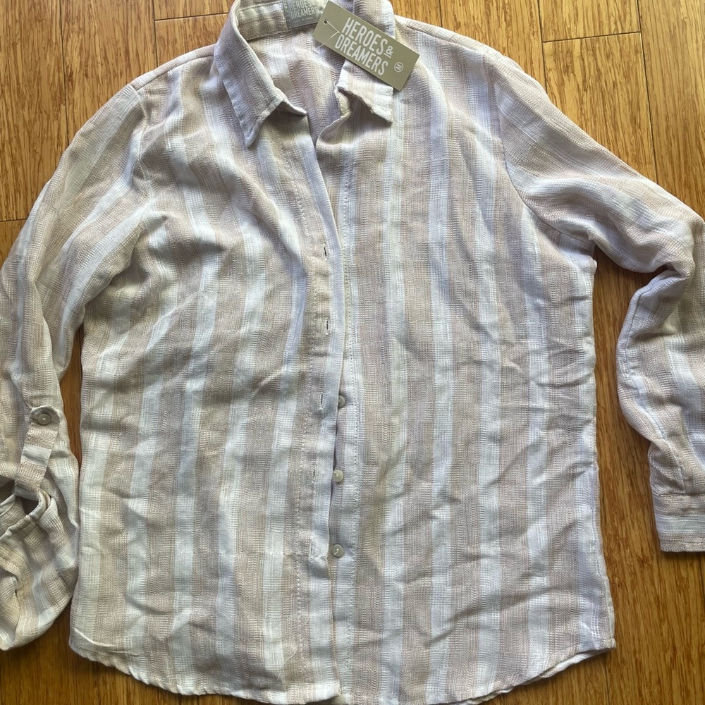 Women's Button-Up Striped Shirt - White and Gray